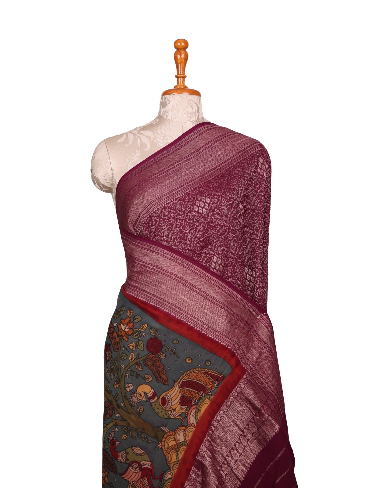 Dark Purple Mysore Crepe Silk Saree With Kalamkari Pallu 
