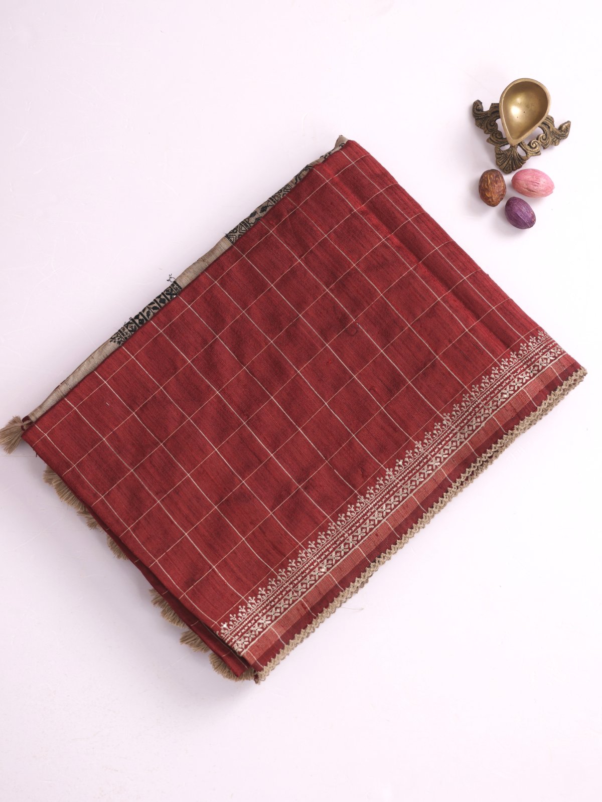 Maroon Zari Checked Munga Raw Silk Saree With Embroidery 