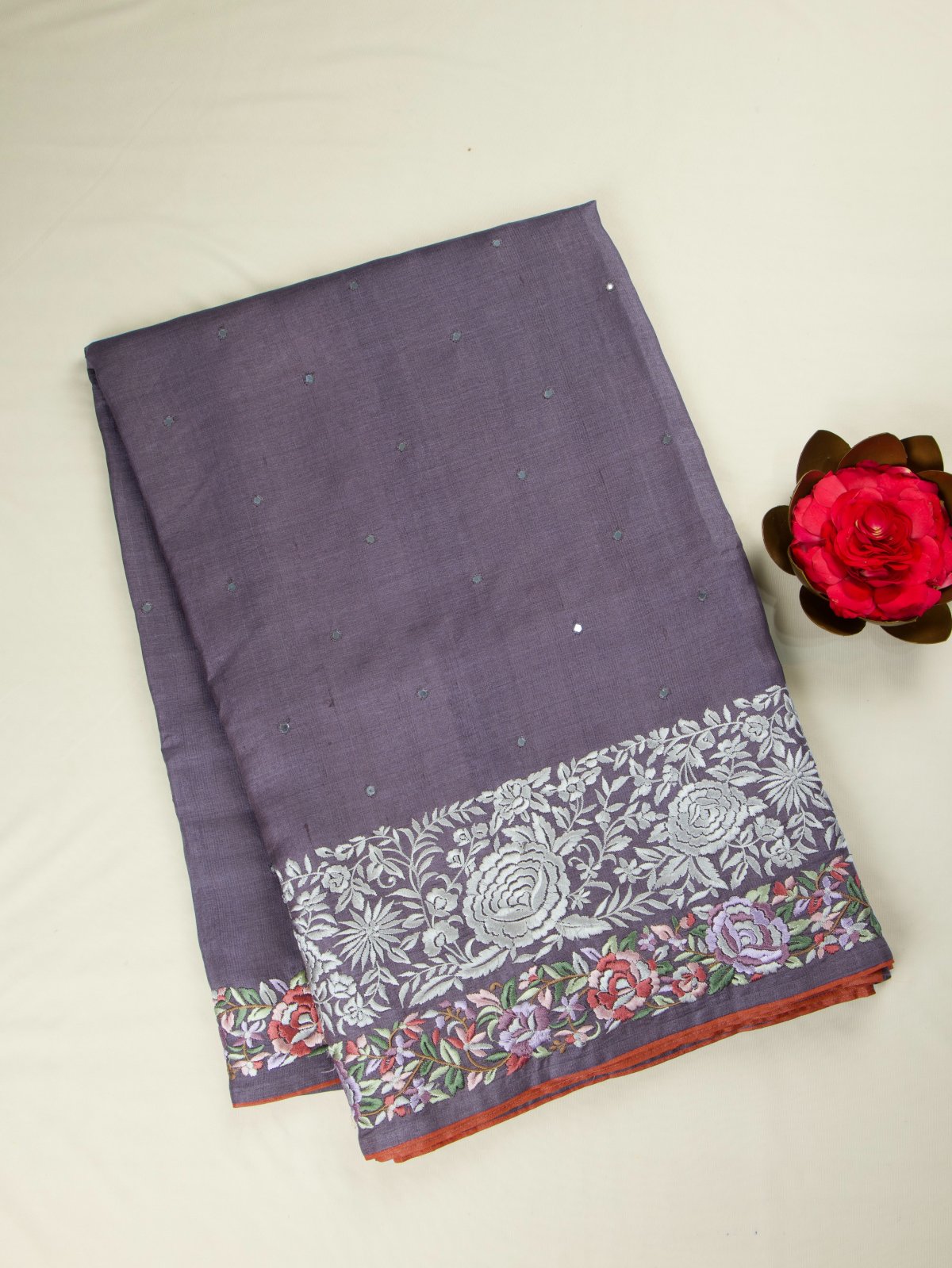 Lavender Grey Tussar Silk Saree with Floral Embroidery Border