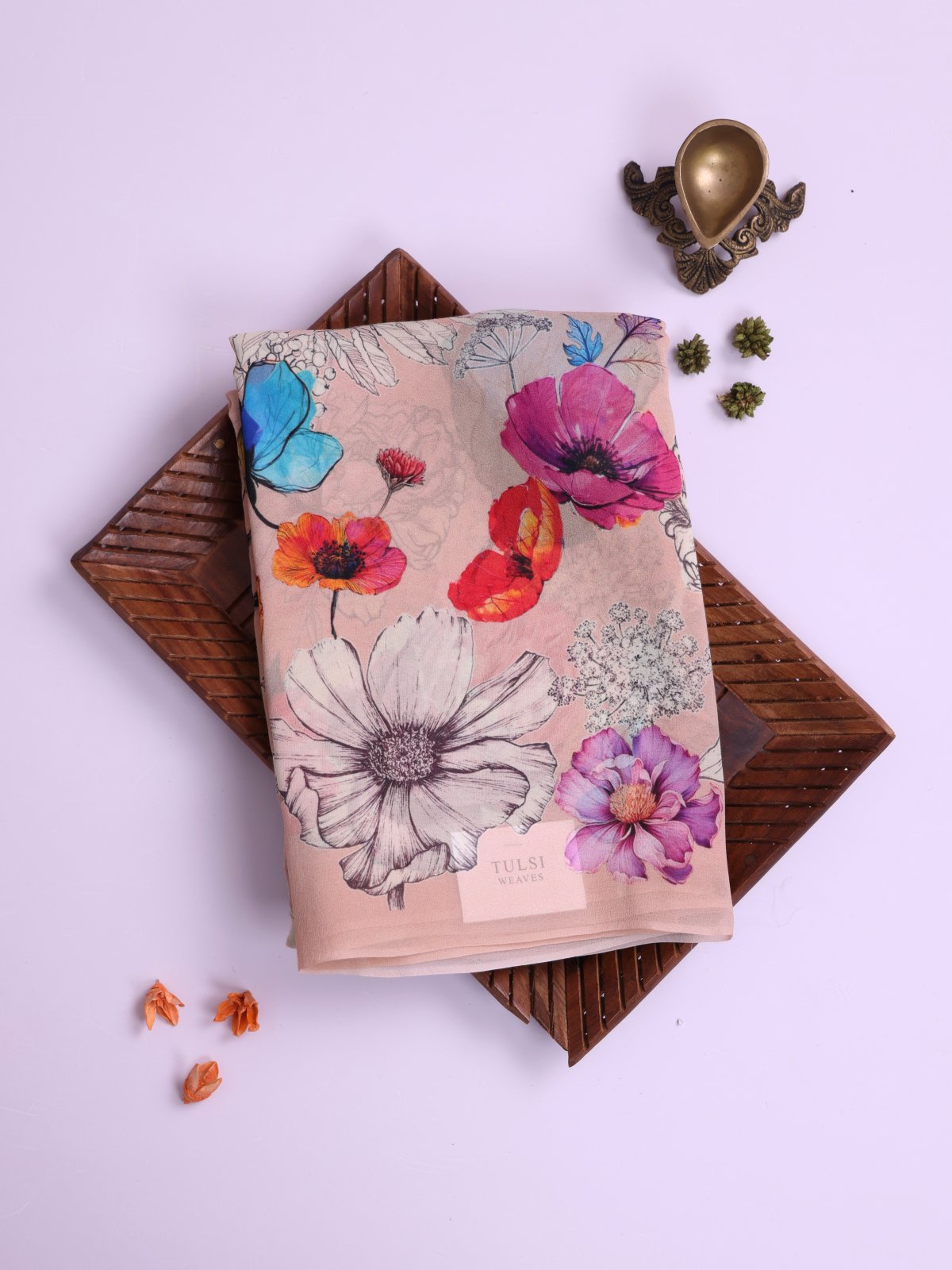 Light Peach Floral Printed Georgette Silk Saree