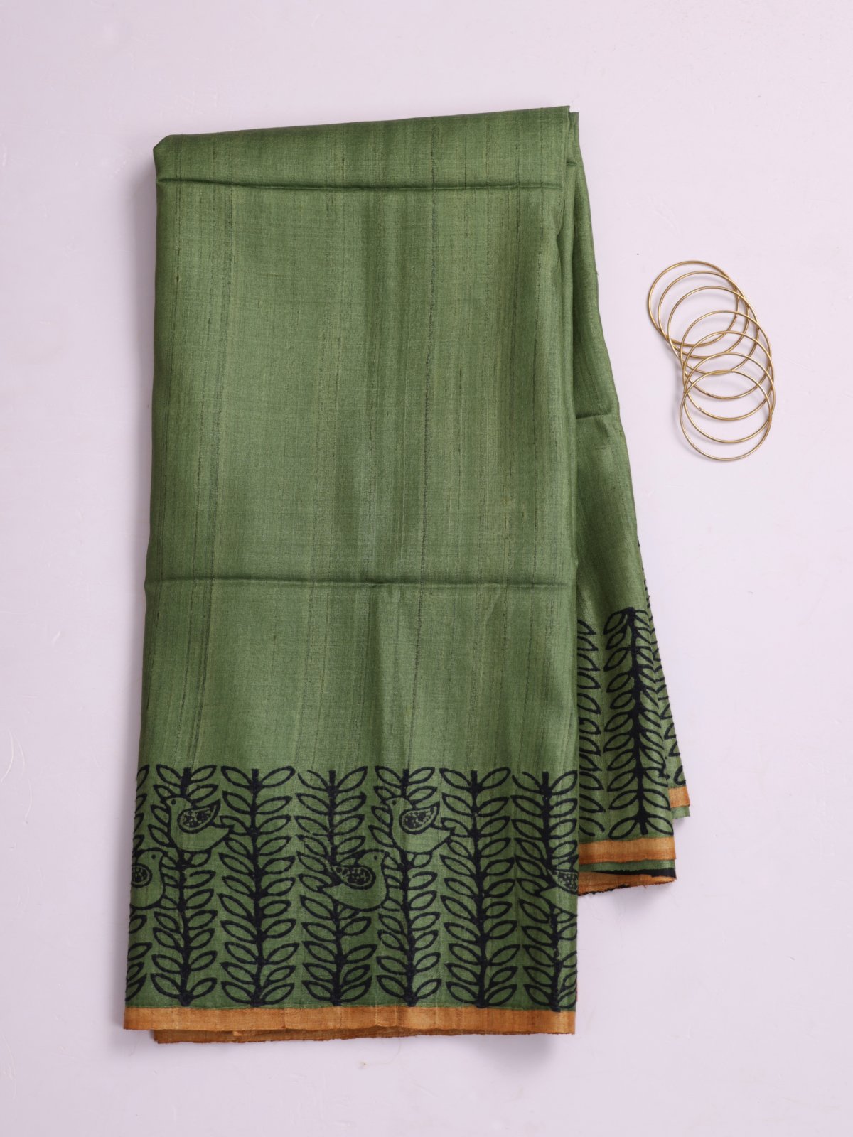 Mehndi Green Printed Tussar Silk Saree With Kantha Embroidery