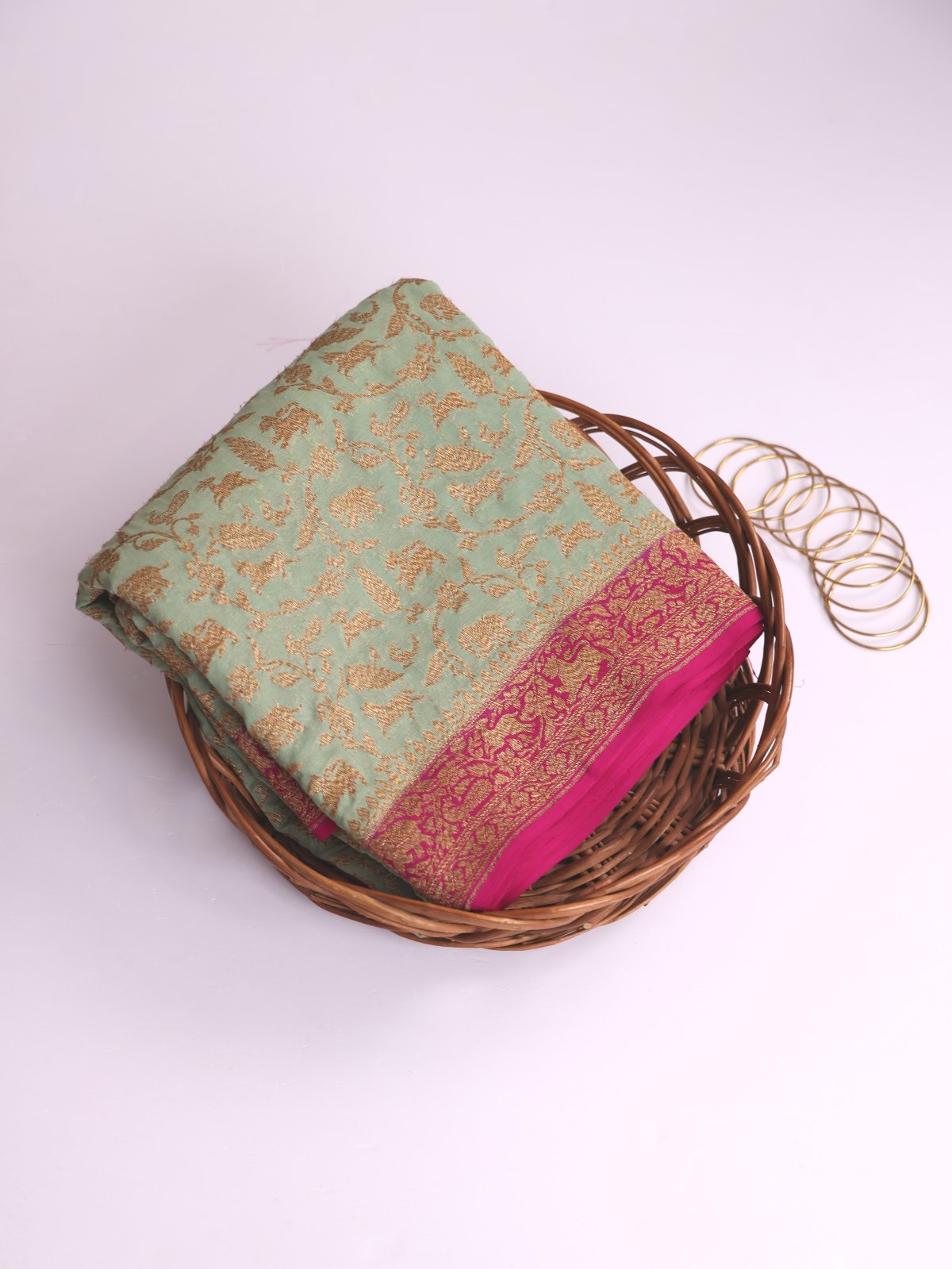 Sage Green Banaras Georgette Silk Saree With Magenta Border