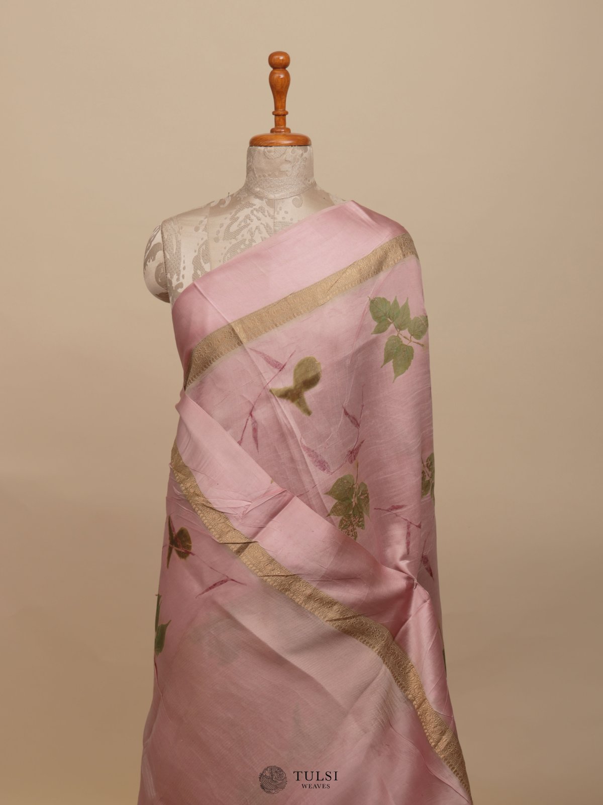 Light Pink Eco Print Silk Saree With Satin Border