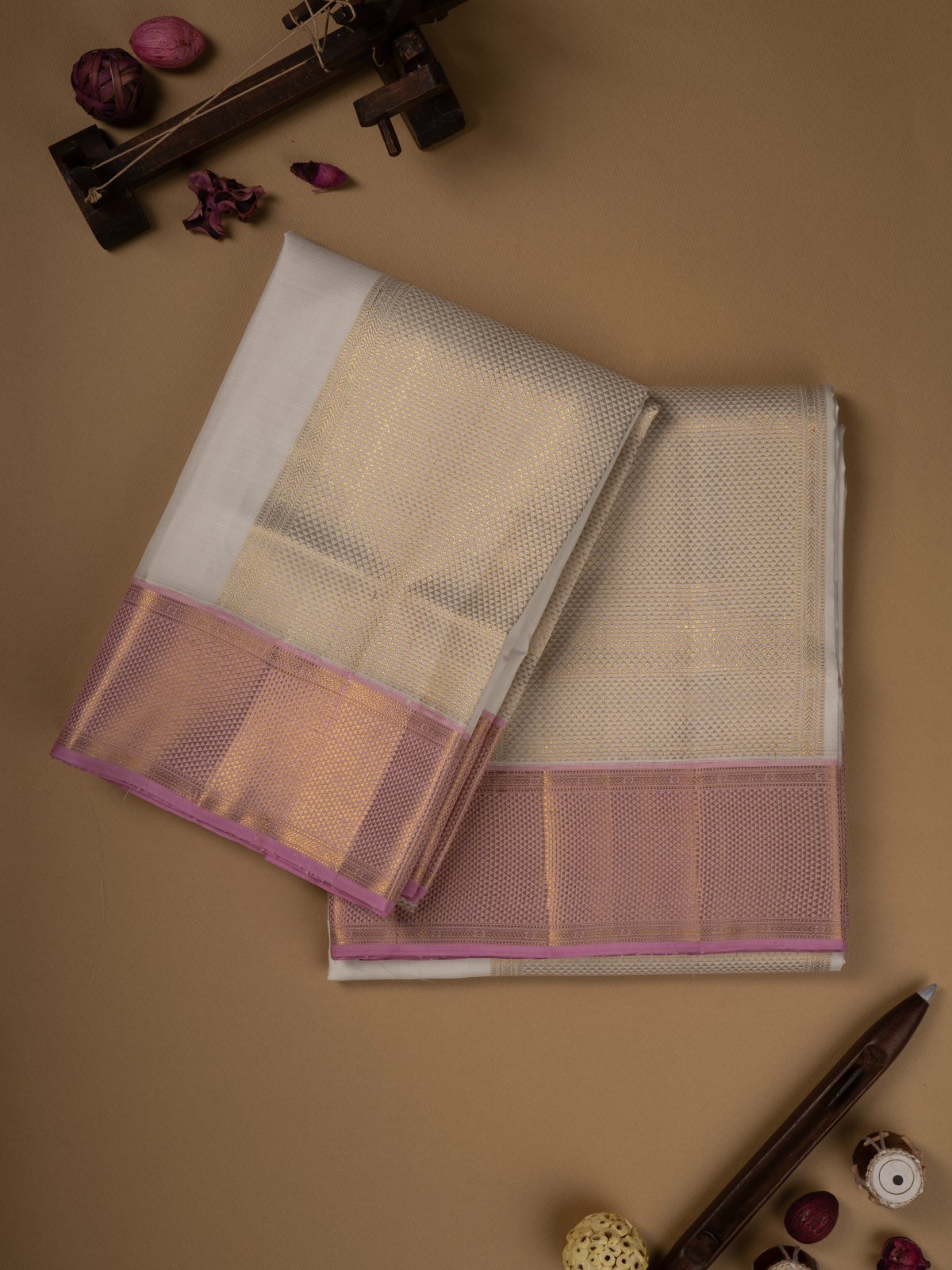 White Silk Dhoti With Light Pink Border
