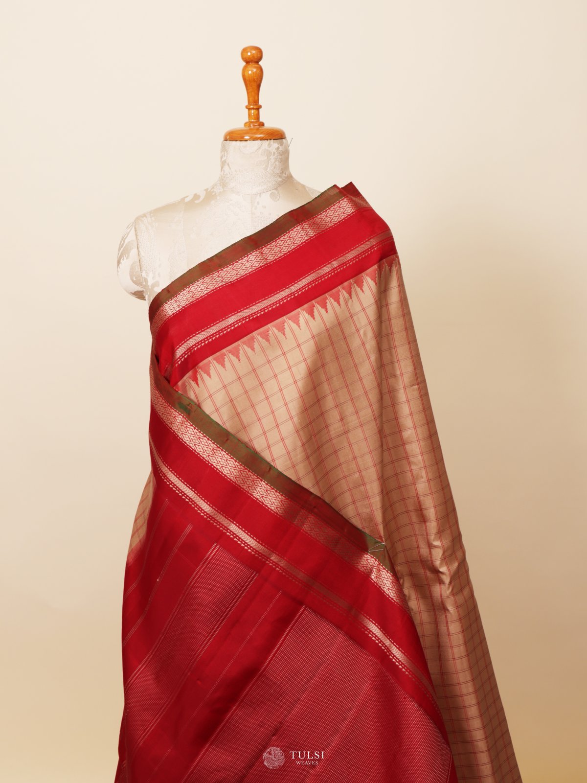 Light Brown Checked Gadwal Maroon Border Silk Saree