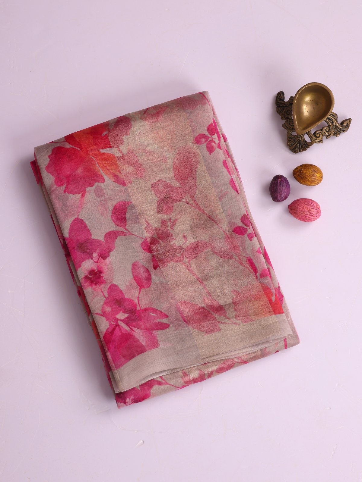 Greige Printed Organza Silk Saree