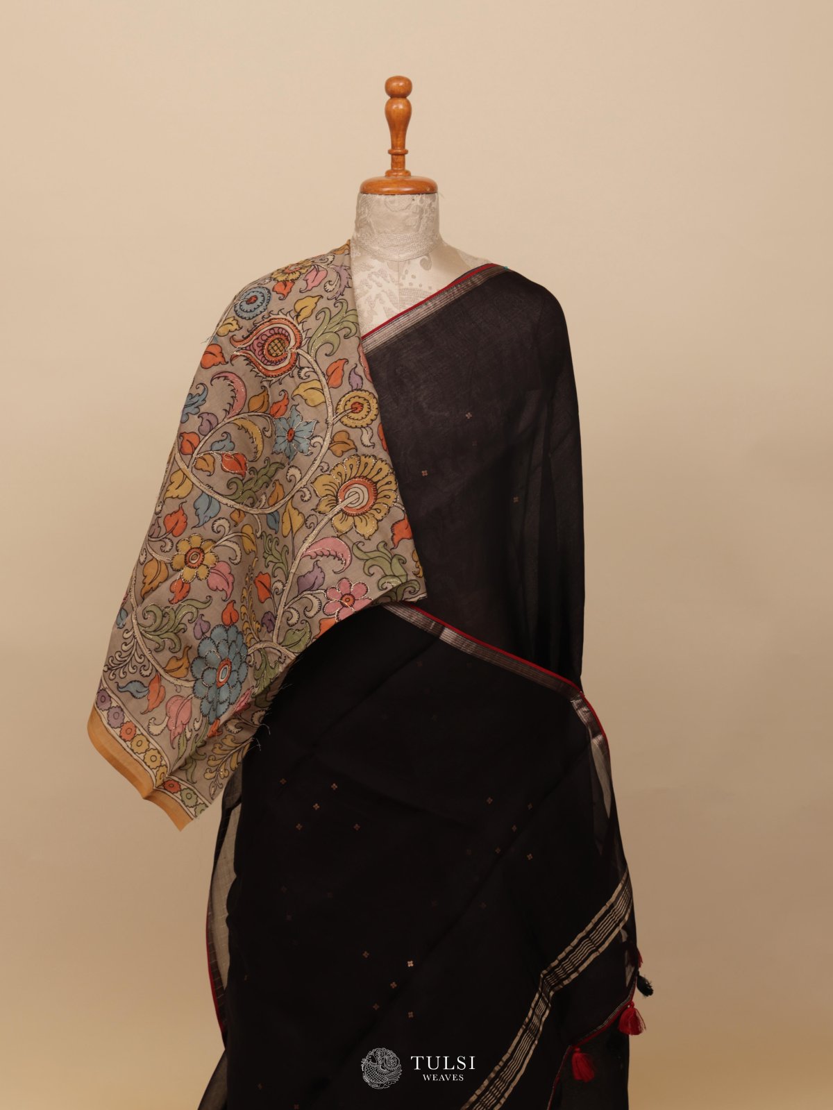Black Organza Saree With Kalamkari Blouse