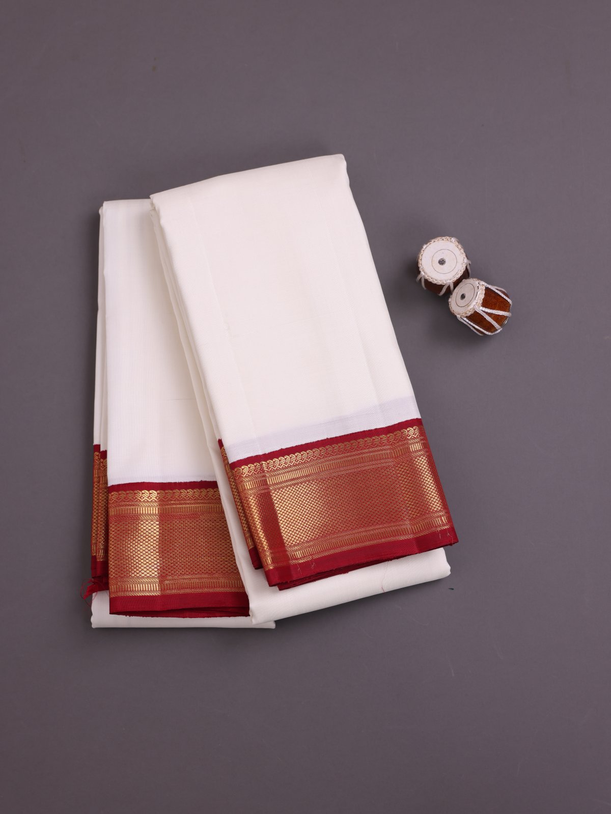 Off-White Silk Dhoti and Vasthram with Red Zari Border