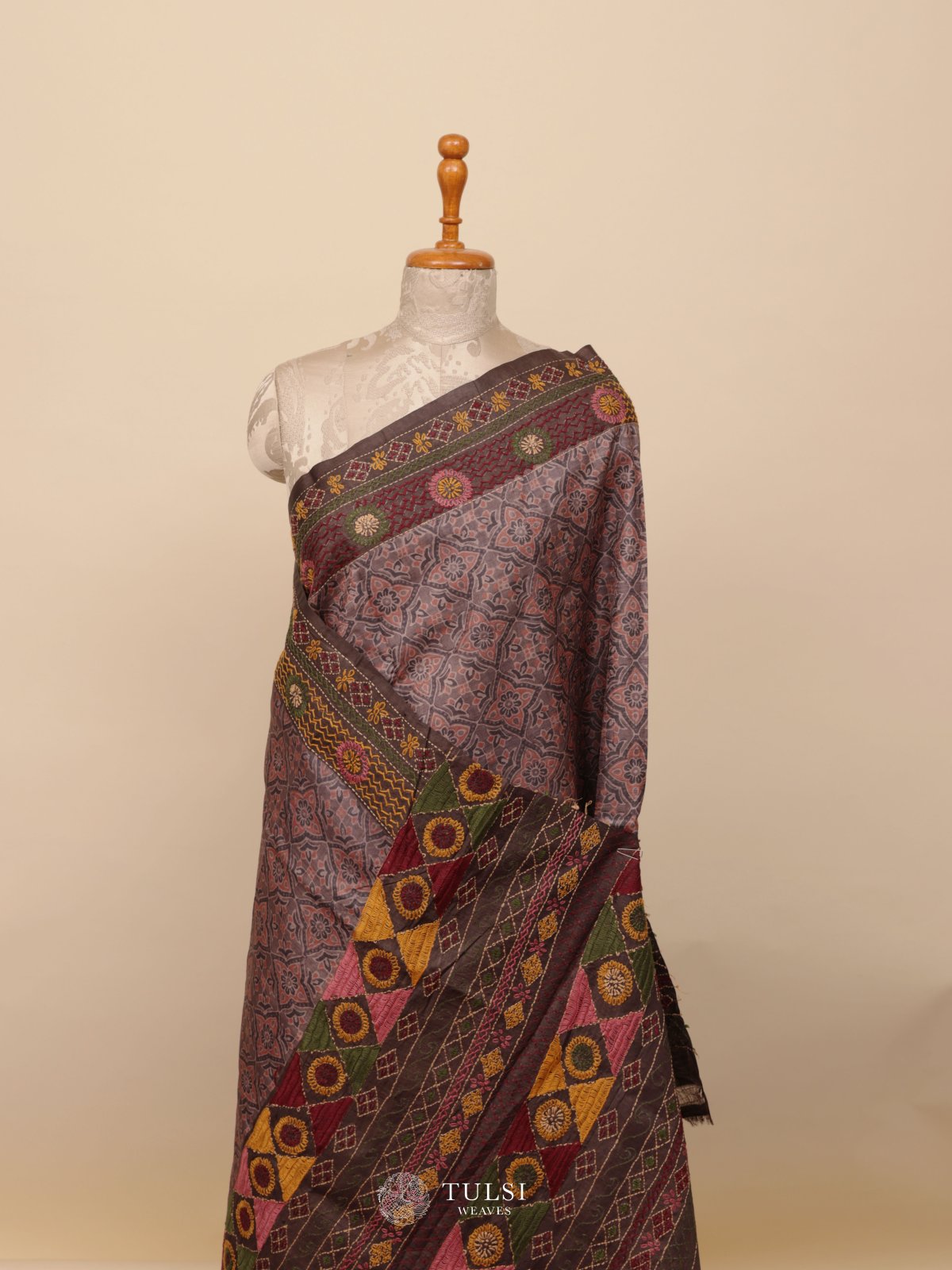 Dusty Pink Tussar Silk Saree With Kantha Embroidery