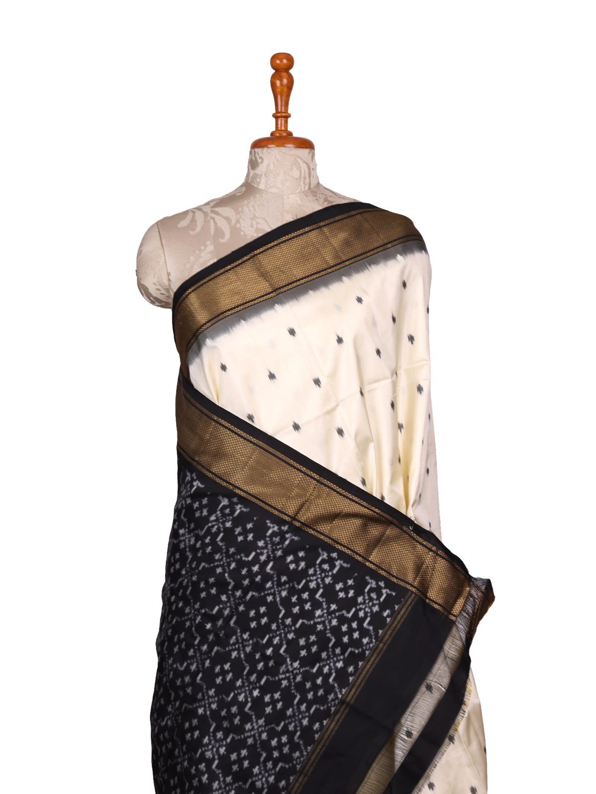 Off-White Ikat Silk Saree with Zari Border