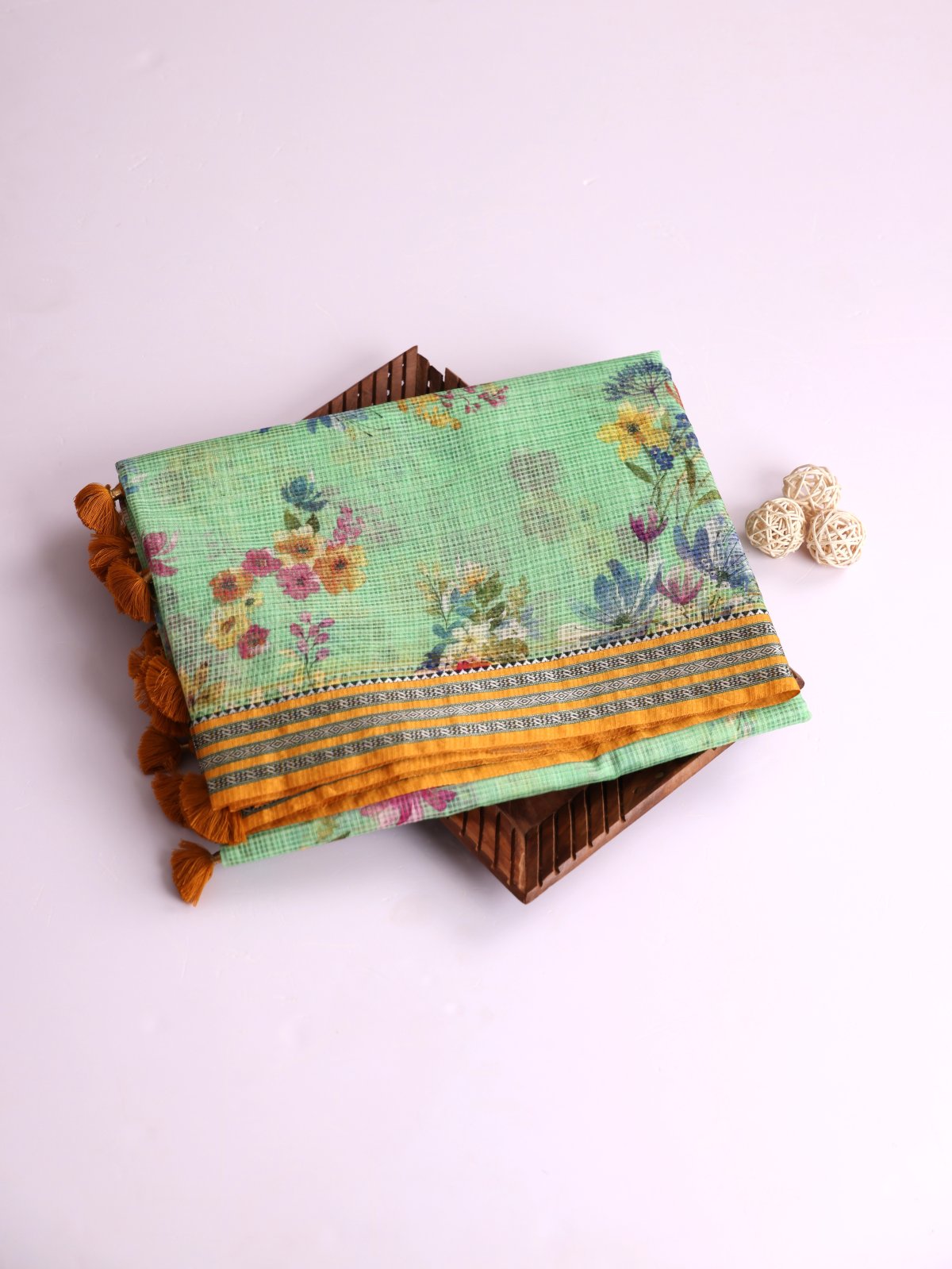 Light Green Printed Kota Cotton Saree With Mustard Yellow Vidarbha Border
