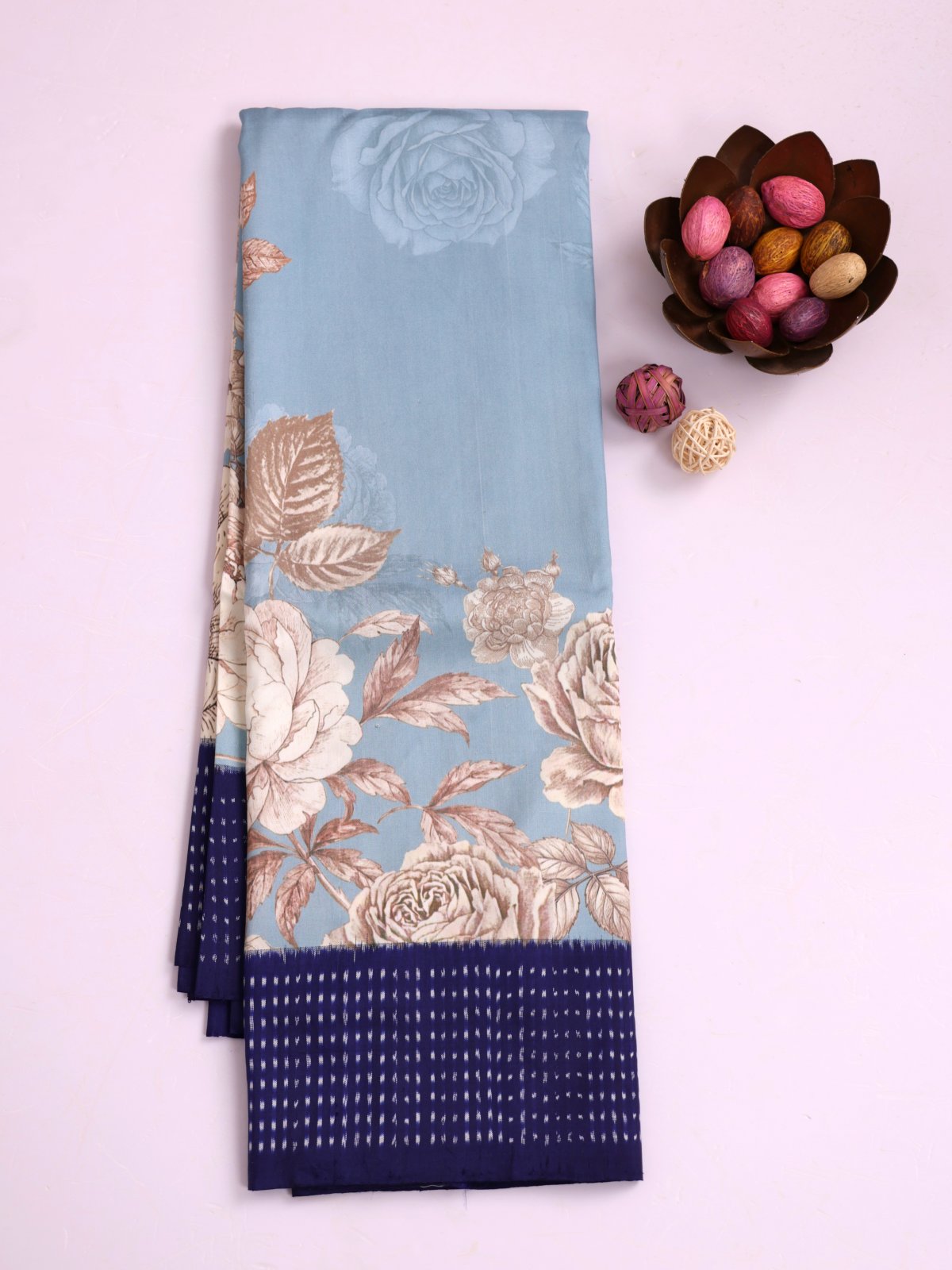 Light Blue Printed Silk Saree With Navy Blue Border
