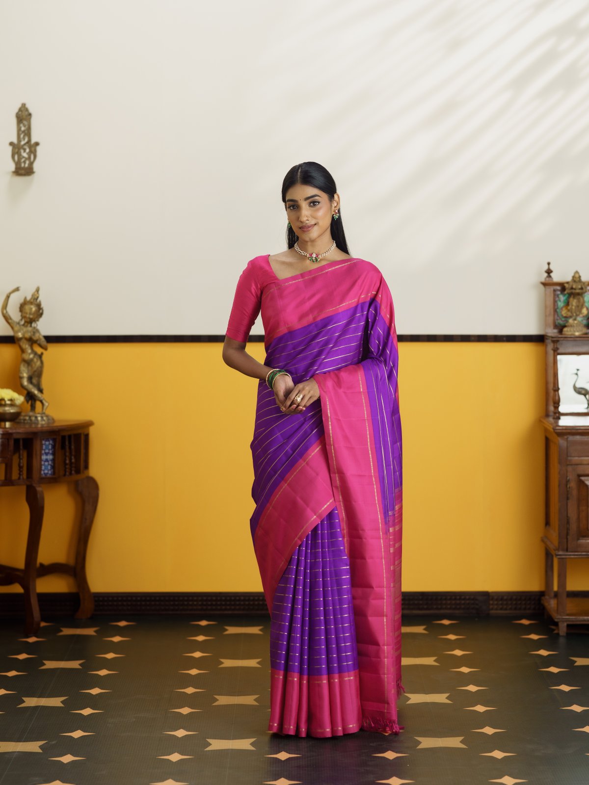 Vintage 63 - Purple Veldhari Kanjeevaram Silk Saree With Rani Pink Border
