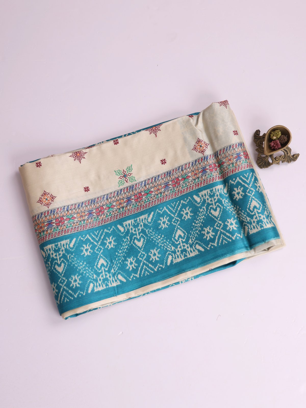 Off-White Embroidered Tussar Silk Saree With Aqua Blue Printed Border