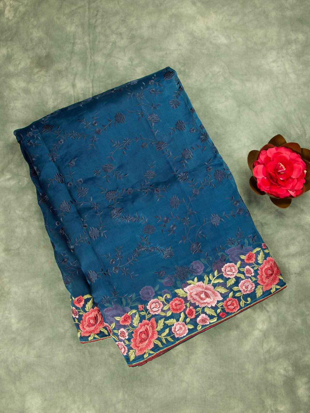 Navy Blue Oraganza Saree with Floral Embroidery Border