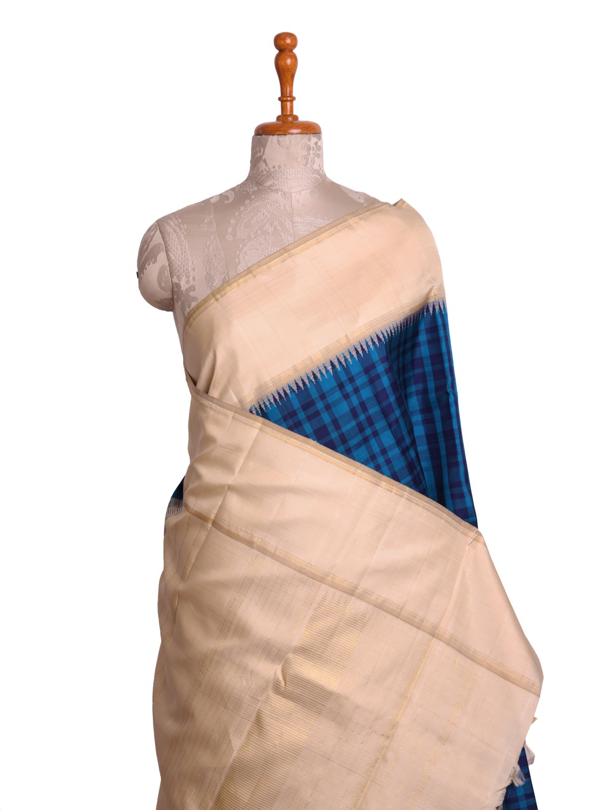Dual Blue Checked Kanjeevaram Silk Saree with Cream Border