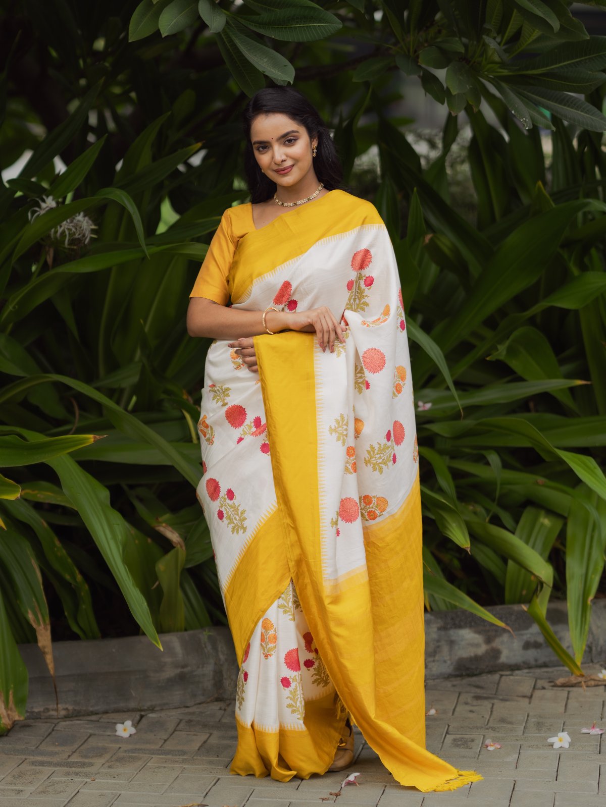 Floral Blockprint Kanjeevaram Silk Saree With Yellow Bodi Border