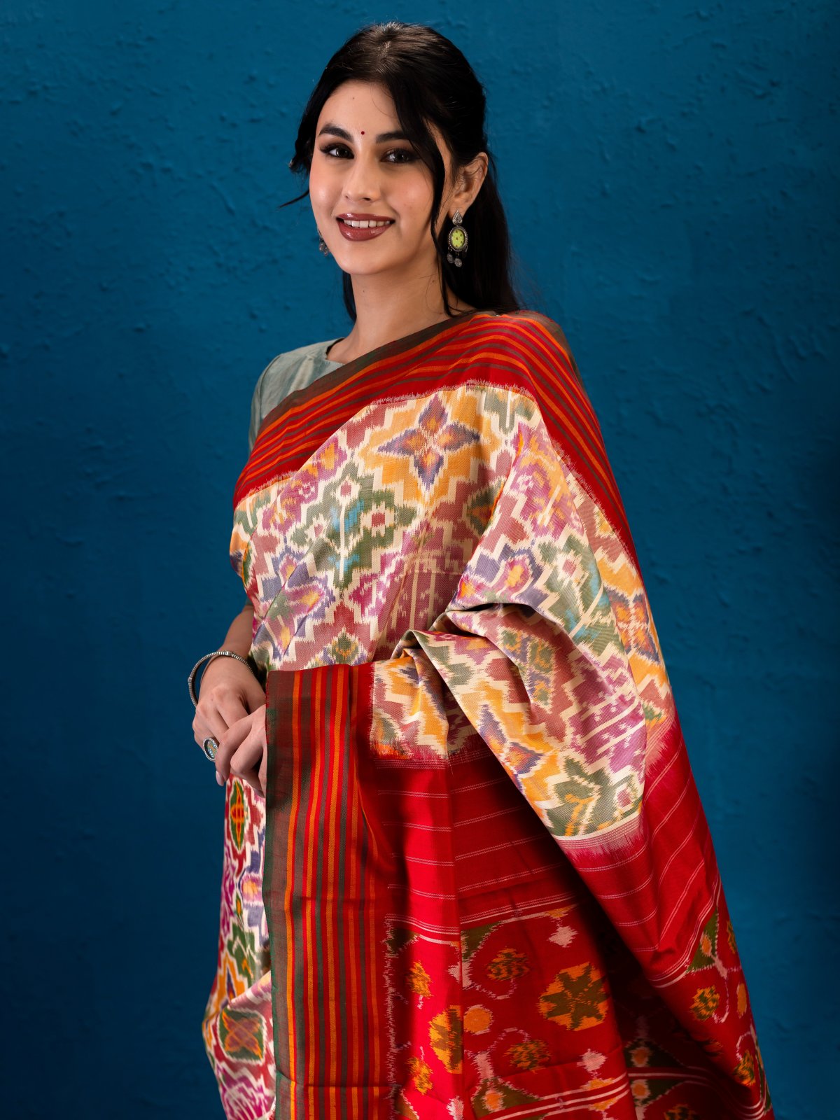 Patola Silk Saree with Striped Red Border