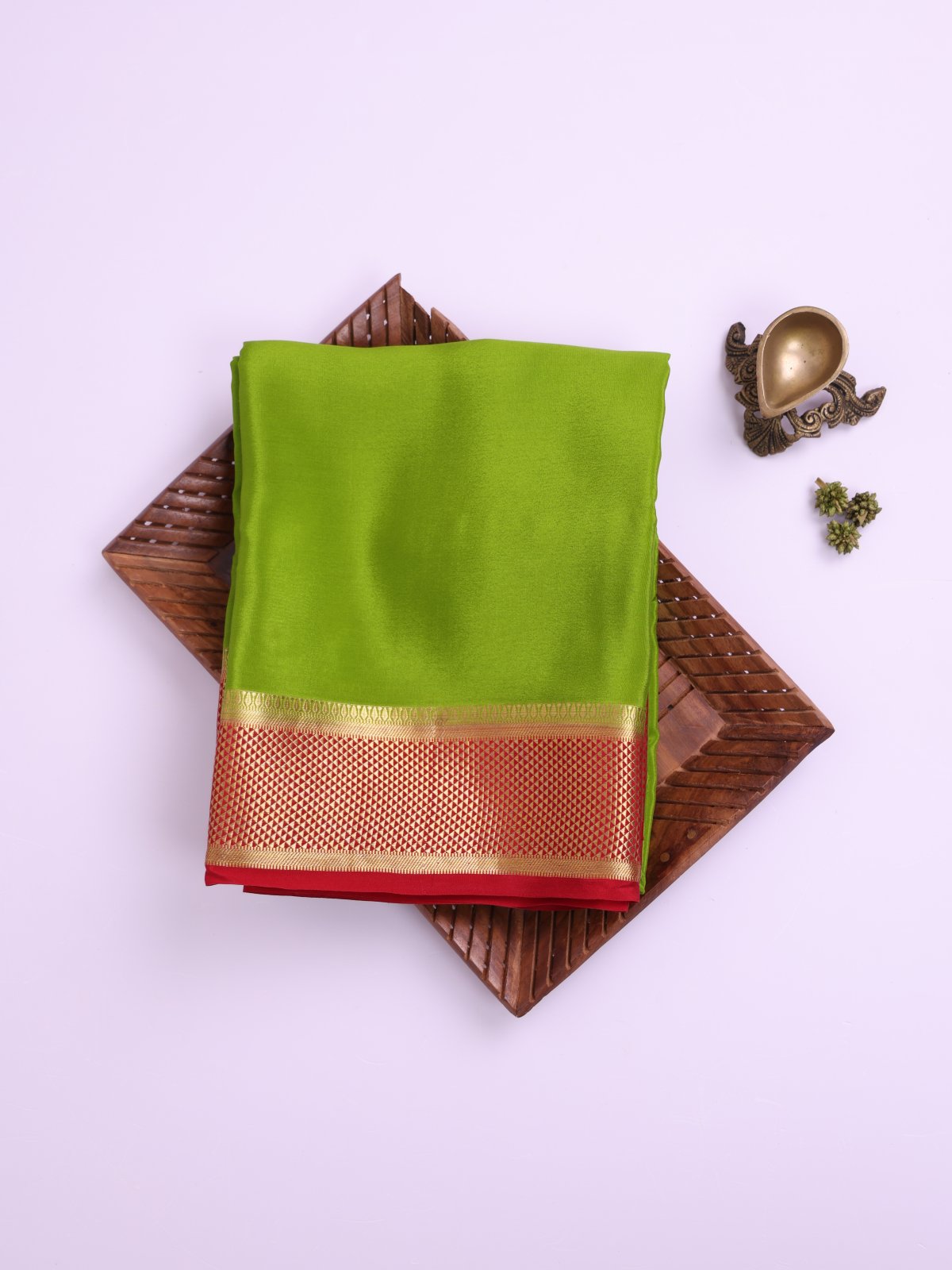 Parrot Green Mysore Silk Saree with Red Zari Border