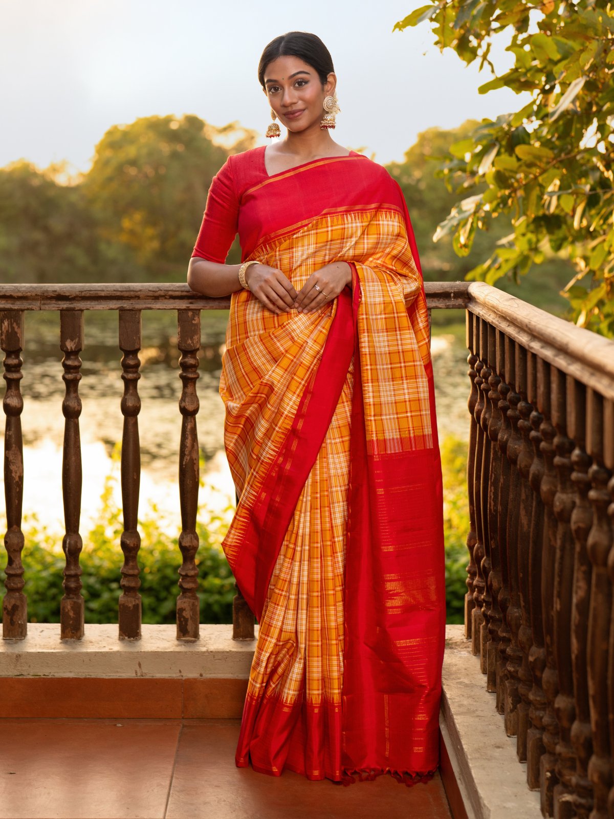 Mustard Checked Kanjeevaram Silk Saree with Contrast Border 