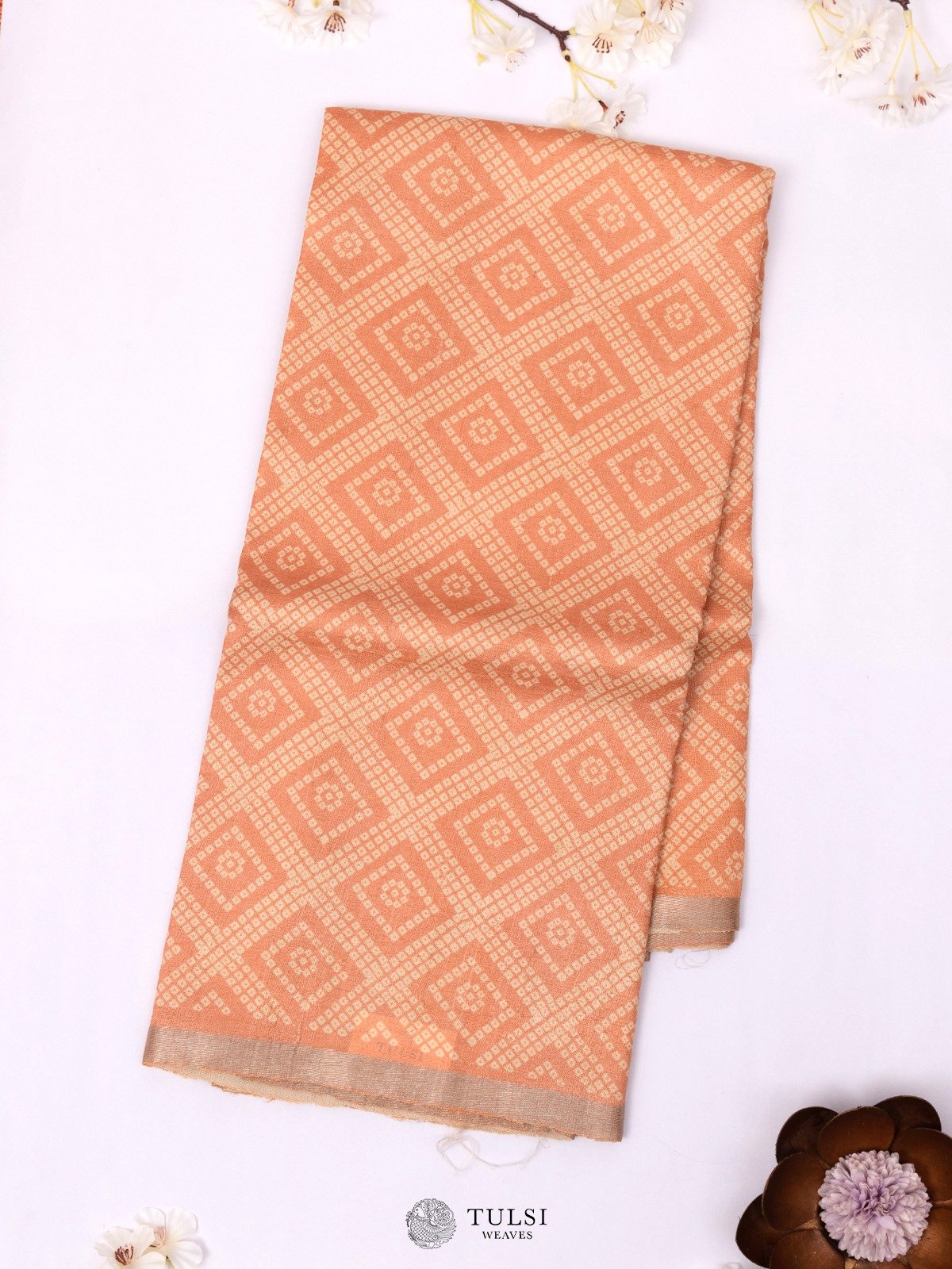 Pink-Orange Tussar Silk Saree with Bandhini Print