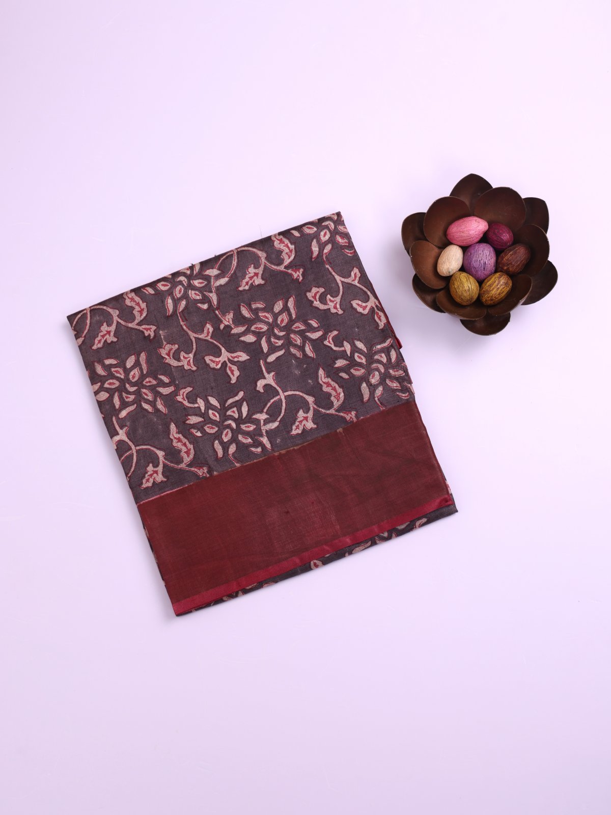 Dark grey Printed Tussar Silk Saree with Dark Red Border