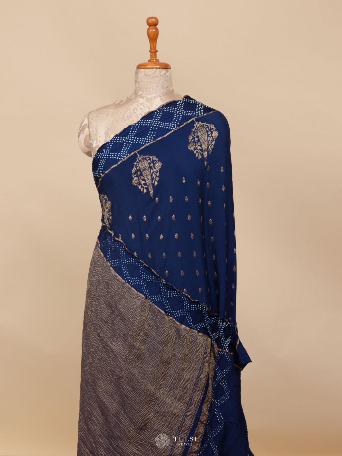 Navy Blue Banaras Crepe Silk Saree With Bandhini Border