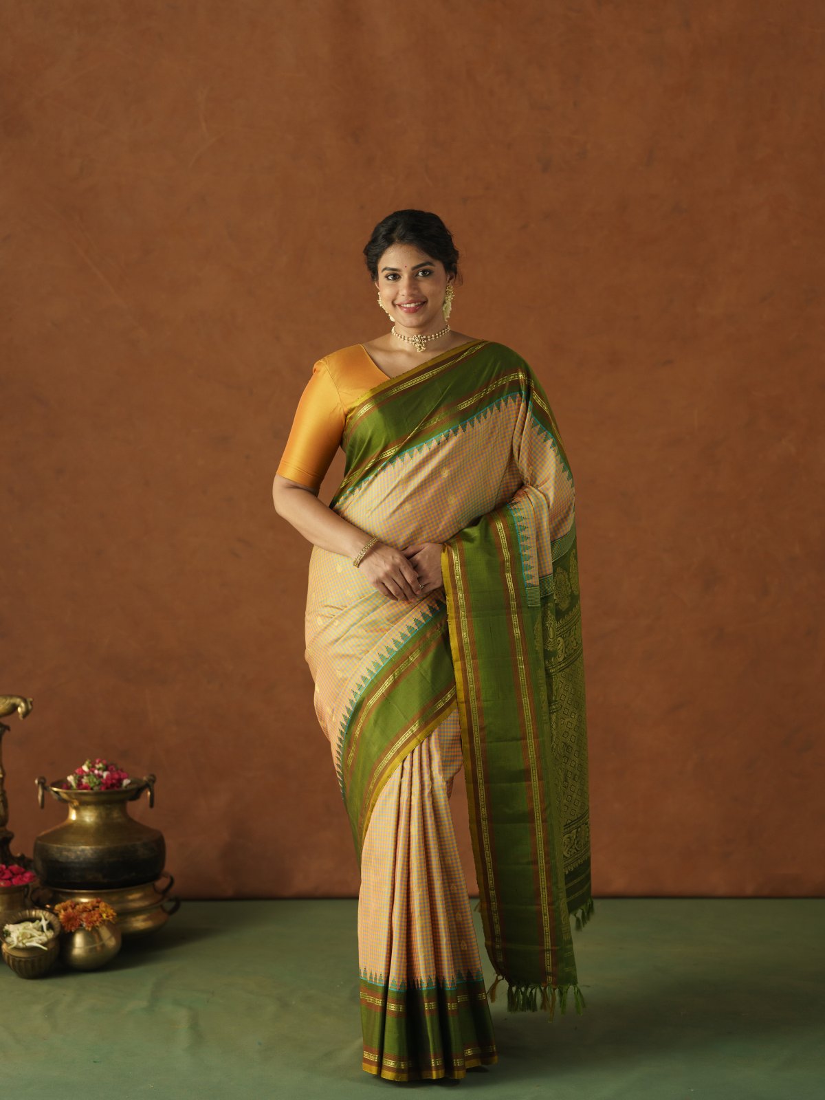 Multi Color Checked Gadwal Saree With Olive Green Border