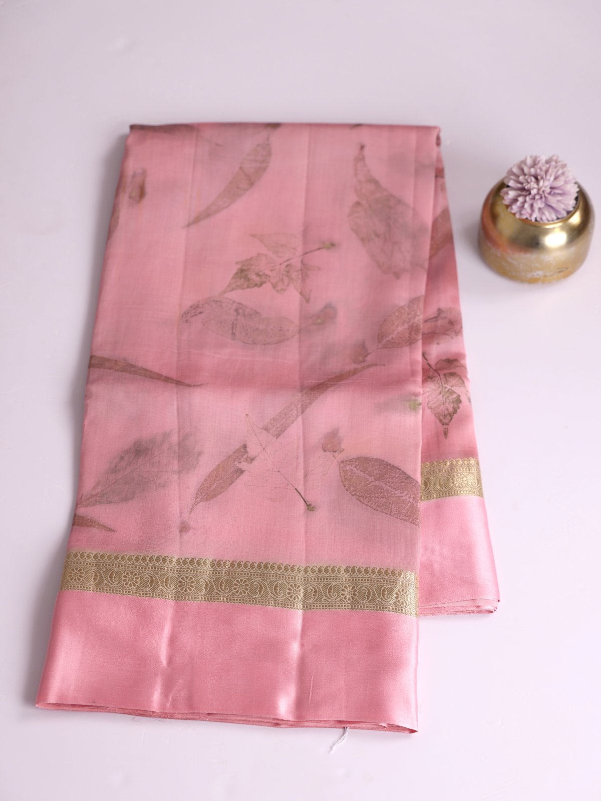 Light Pink Eco Print Tussar Silk Saree with Satin Border