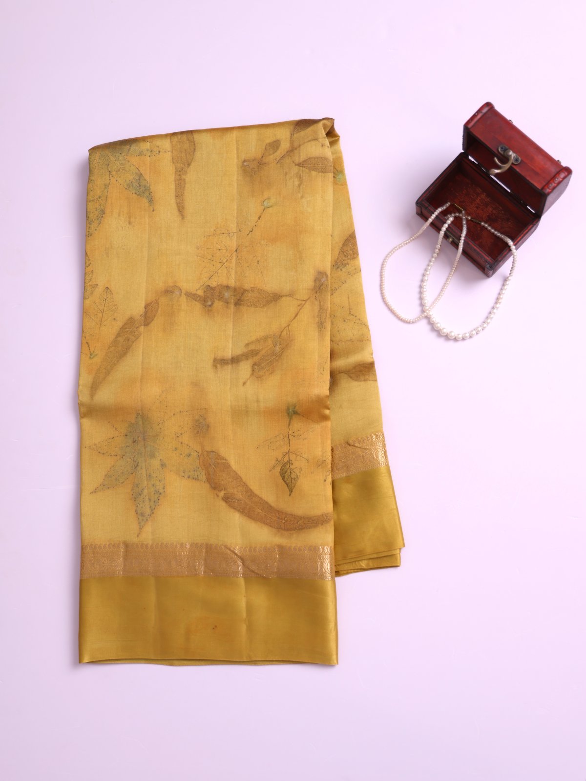 Royal Yellow Eco Print Tussar Silk Saree with Self Satin Border