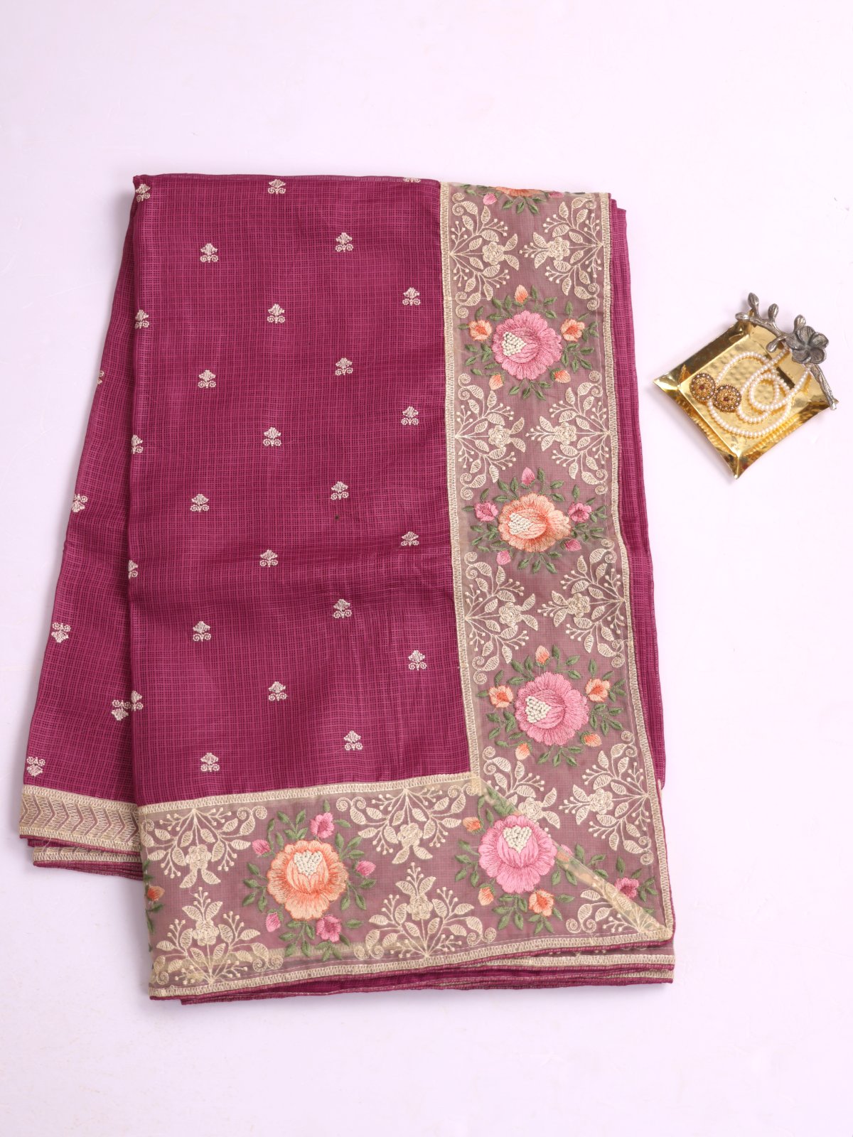 Magenta Semi Kota Saree with Embroidery
