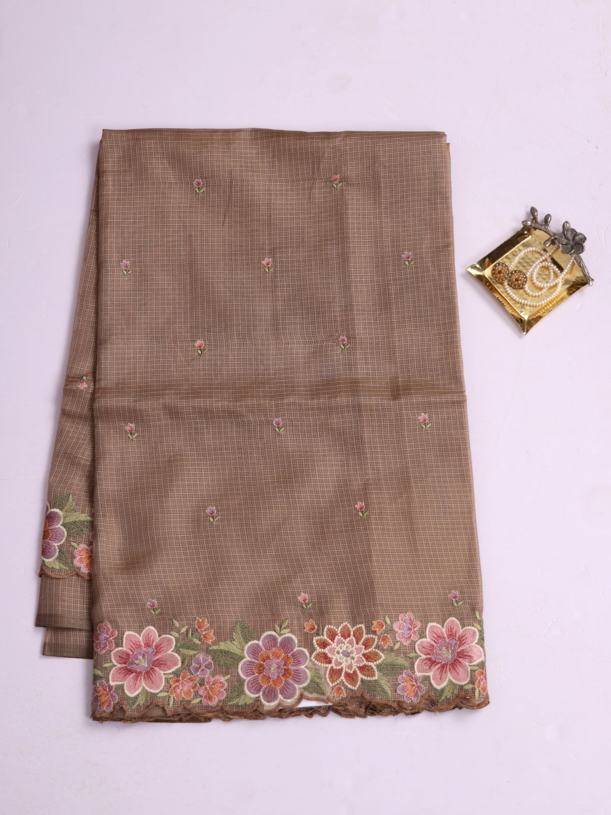 Brown Semi Kota Saree with Embroidery