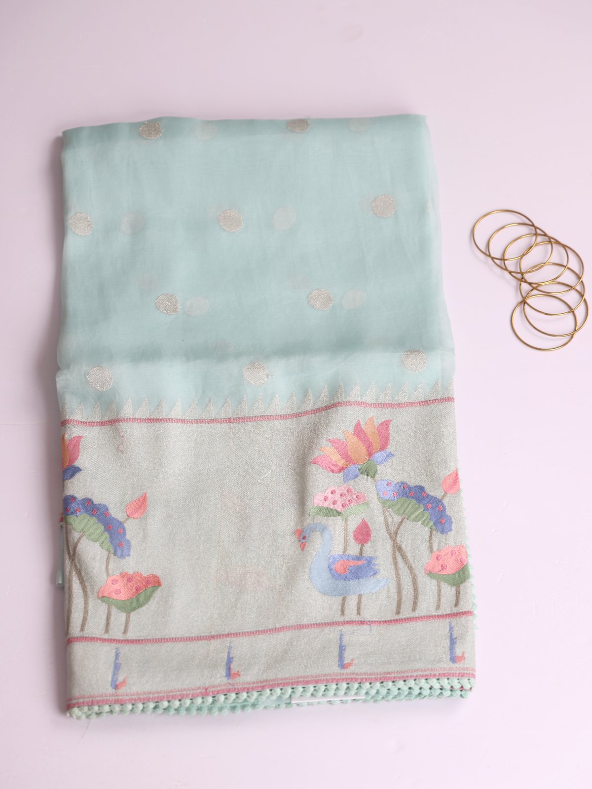 Light Blue Organza Saree With Paithani Embroidery