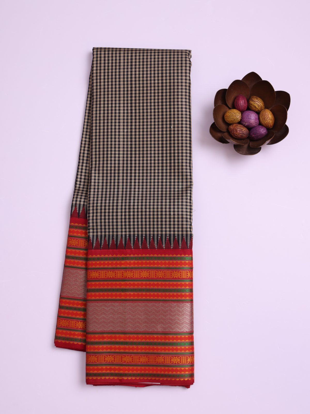 Black and Grey Checked Kanjeevaram Pattu Pettu Silk Saree with Red Border