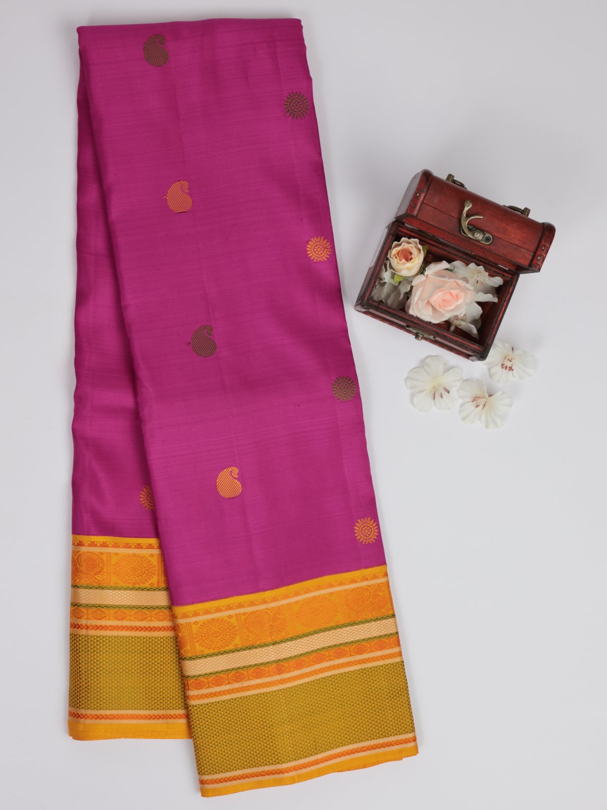 Rani Pink Kanjeevaram Silk Saree With Mustard Border