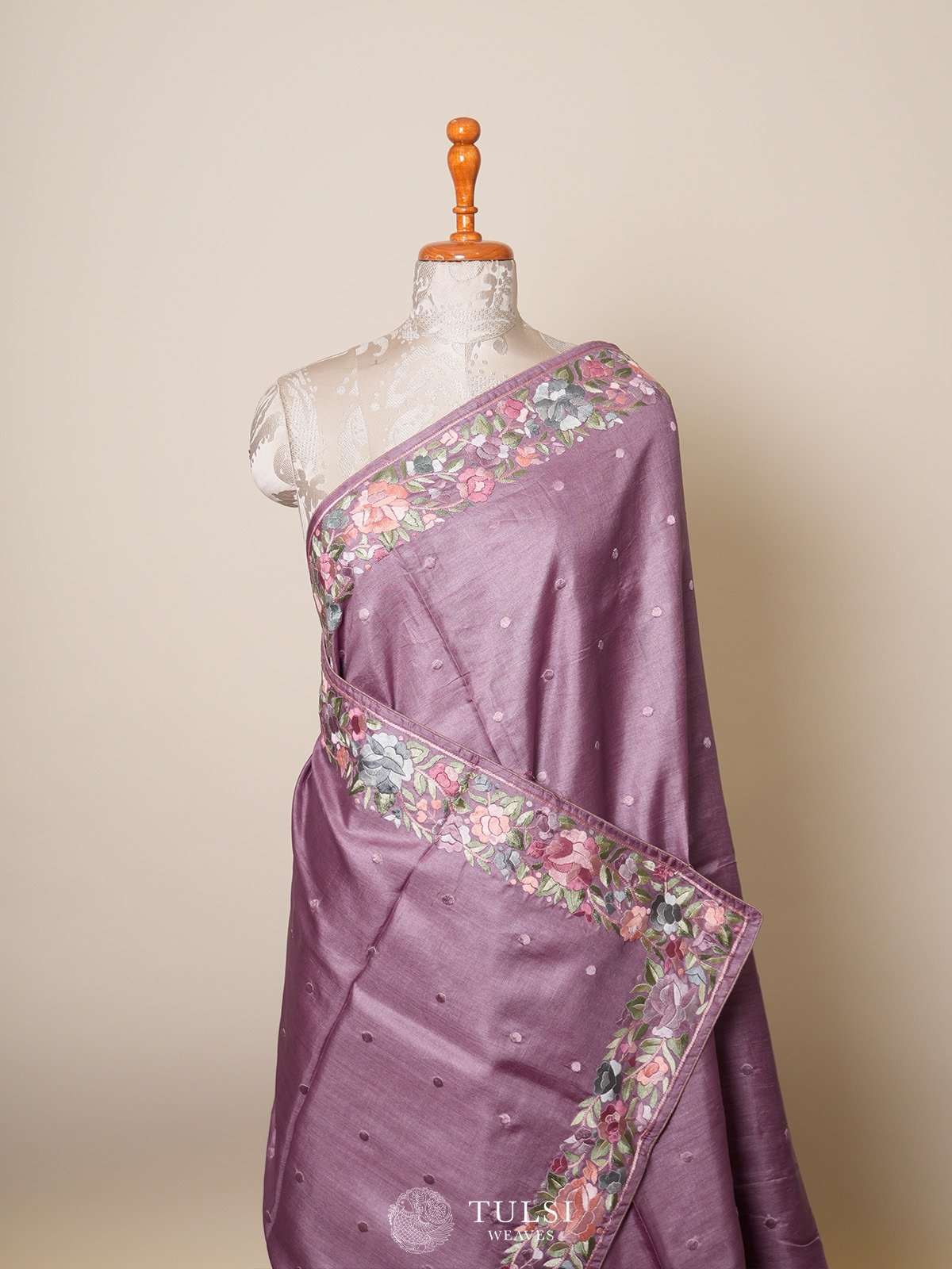 Pastel Lavender Tussar Silk Saree with Floral Embroidery Border