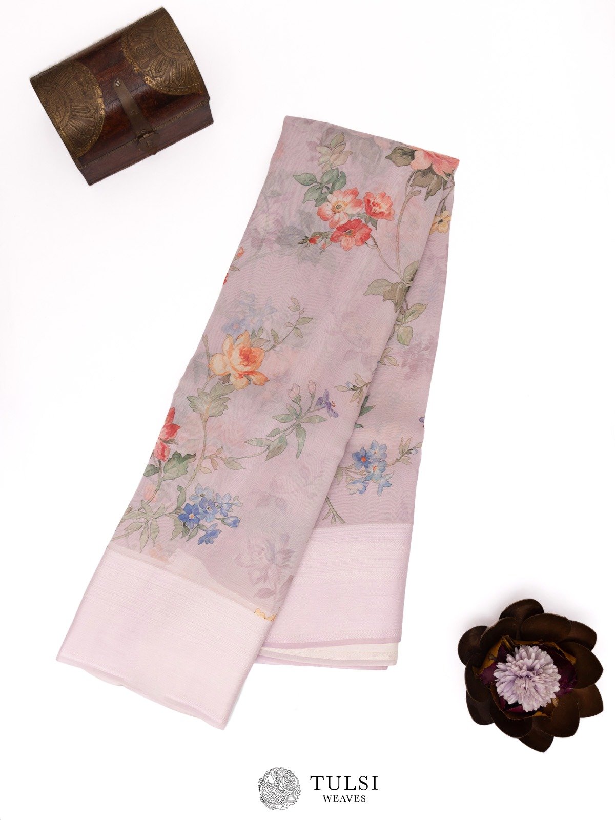 Light Lilac Floral Printed Organza Silk Saree