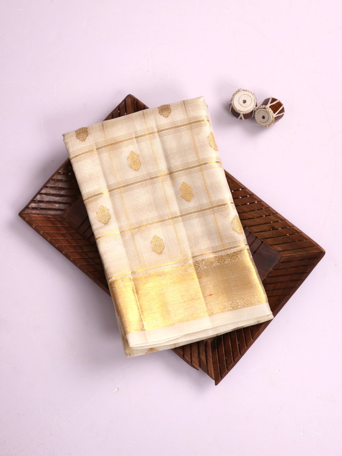 Off- White Zari Checked Kanjeevaram Organza Silk Saree With Zari Border