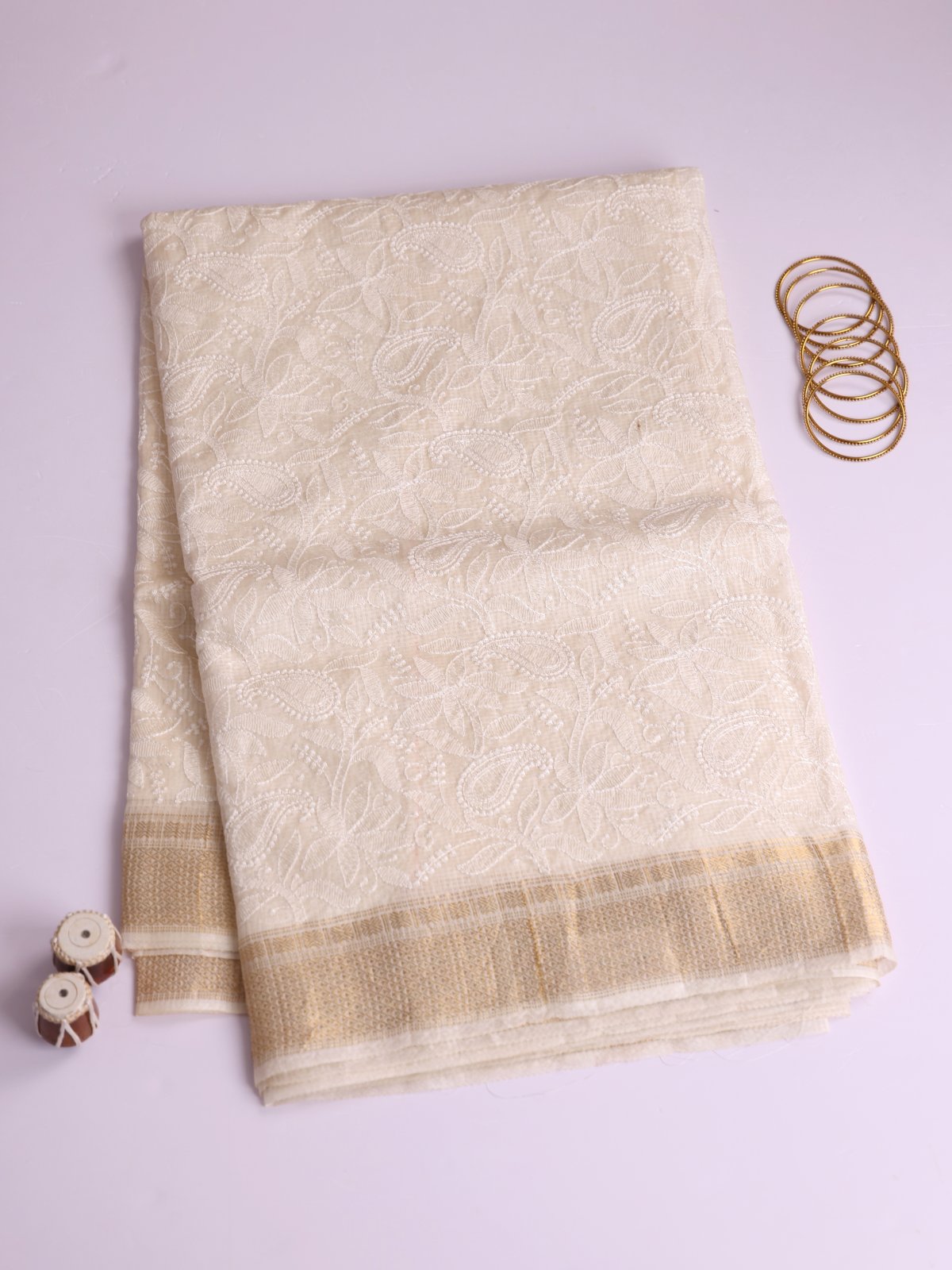 Off- White Kota Embroidered Silk Saree With Zari Border