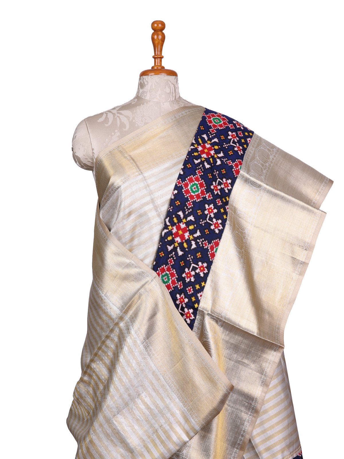 Silver And Gold Striped Zari Brocade Kanjeevaram Silk Saree With Blue Patan Patola Border