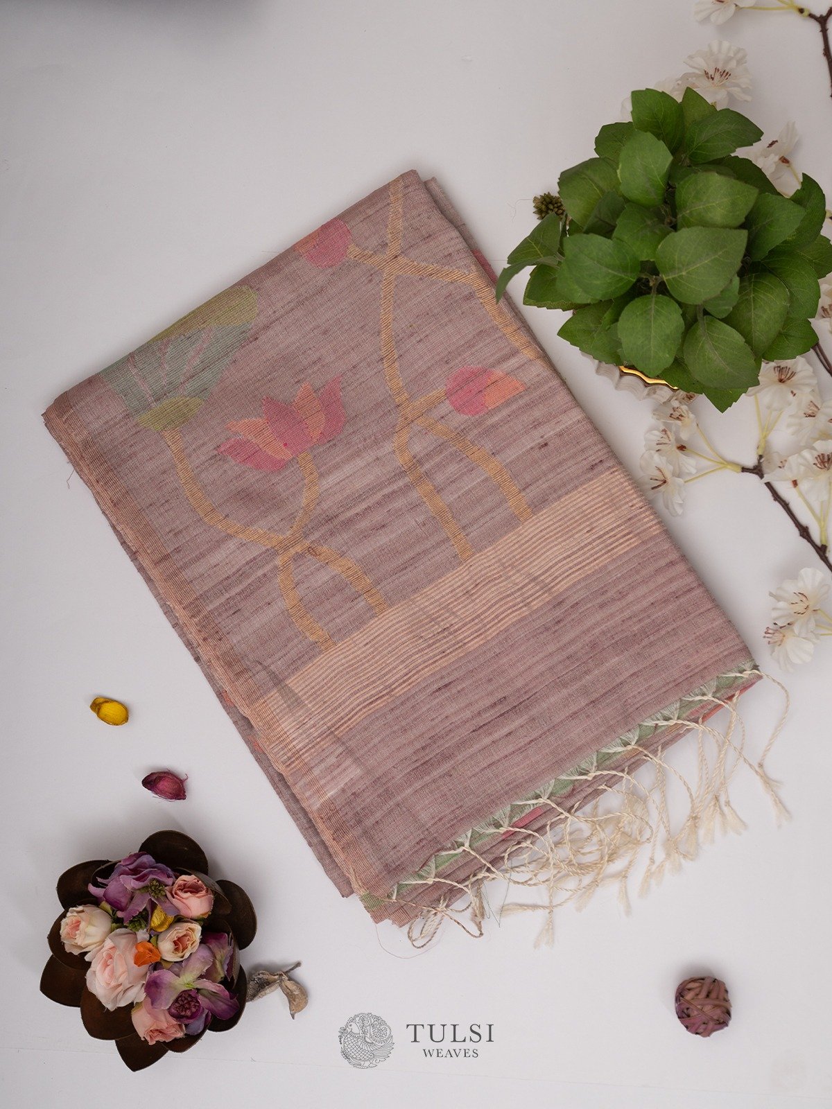 Dusty Lavender Tussar Jamdani Silk Saree