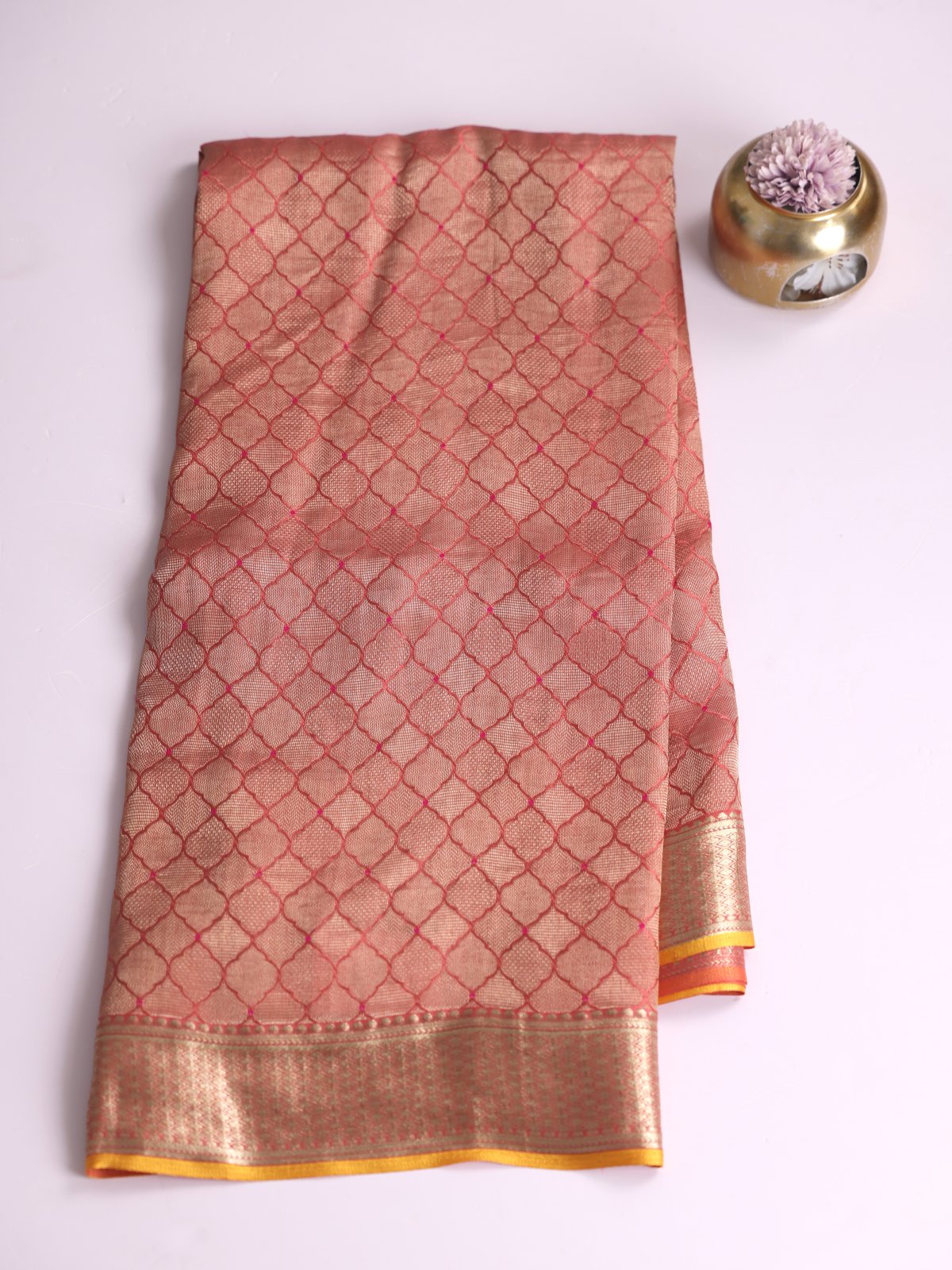 Peachy Pink Banaras Crepe Silk Saree