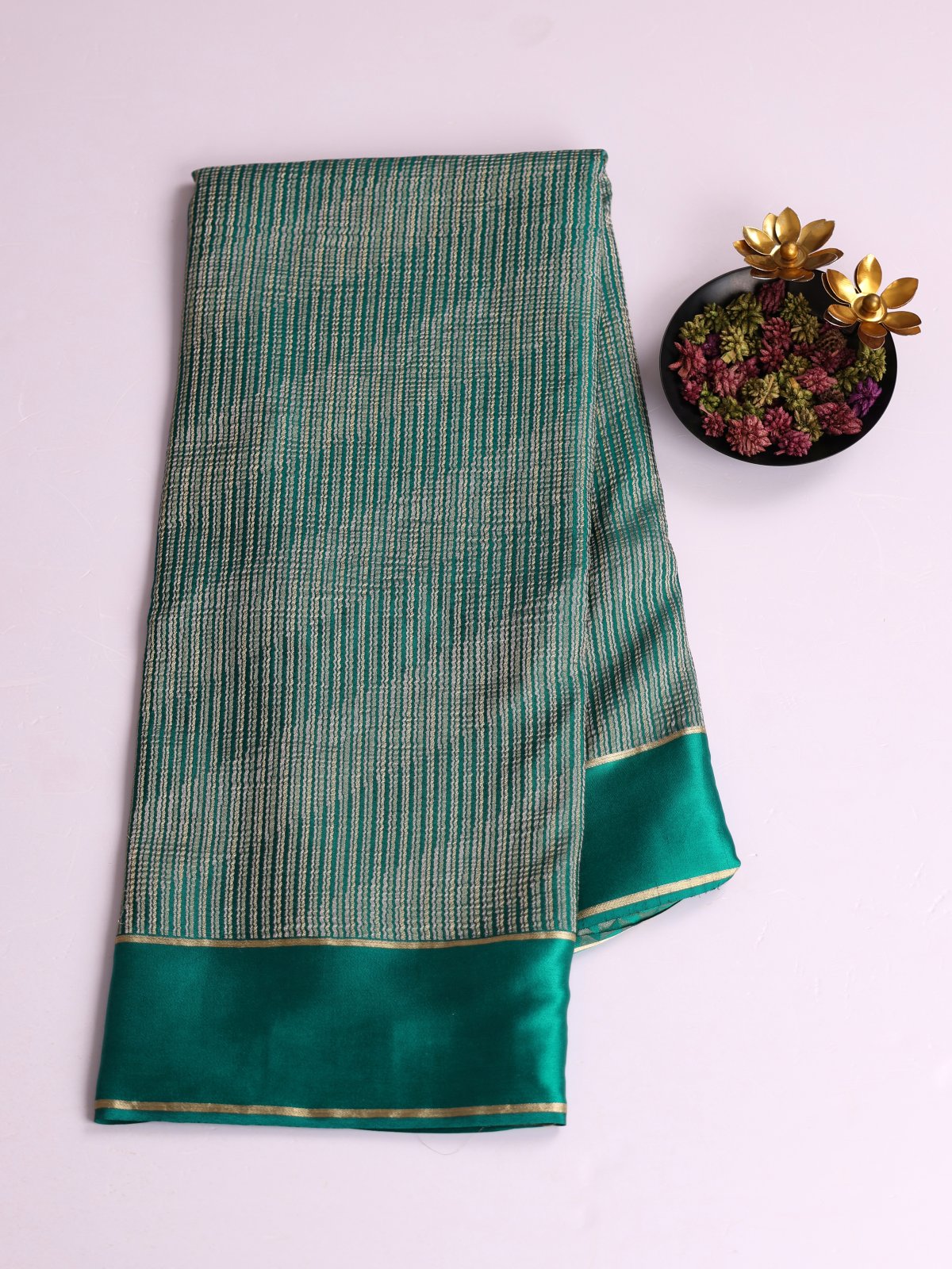 Teal Green Striped Mysore Crepe Silk Saree with Satin Border
