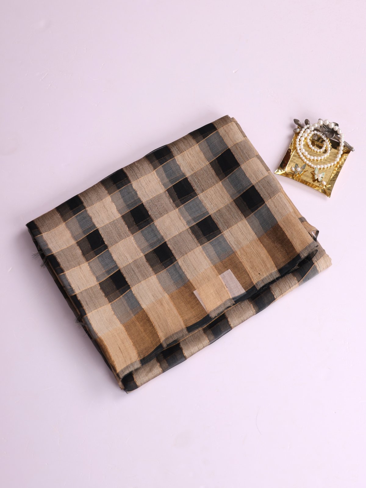 Black And Beige Checked Printed Organza Tussar Silk Saree