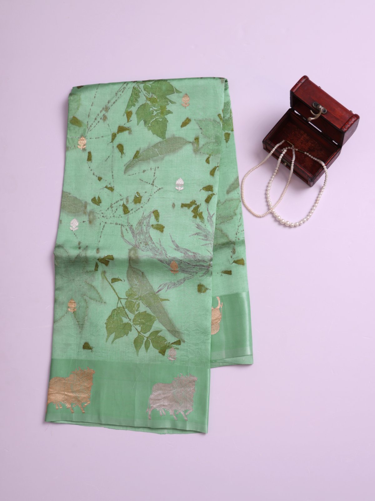 Mint Green Eco Print Tussar Silk Saree with Self Satin Border