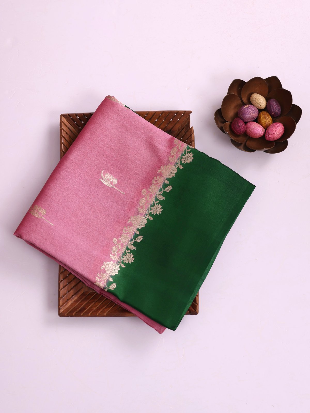 Pink Tussar Organza Silk Saree With Green Satin Border
