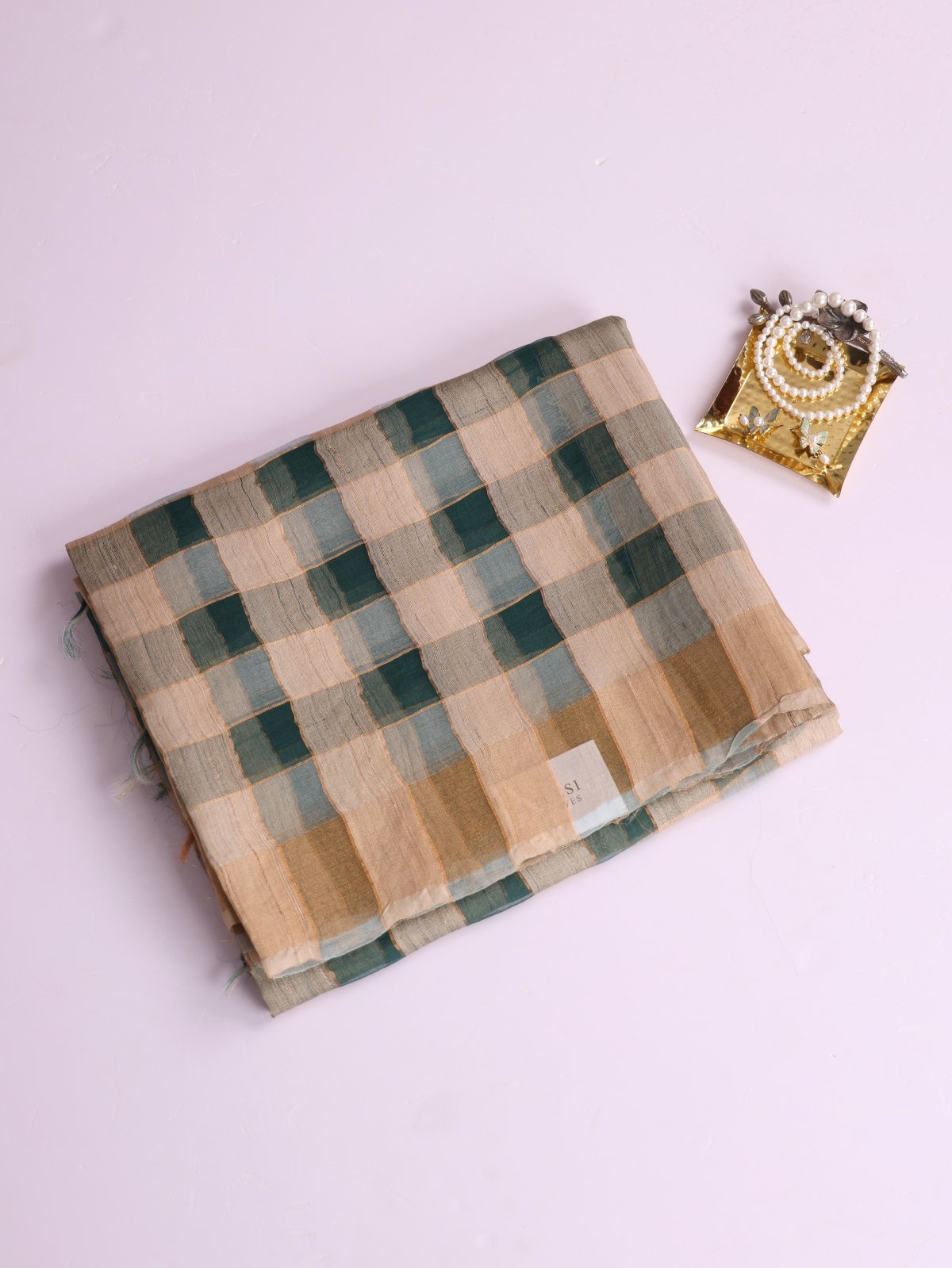 Green And Beige Checked Printed Organza Tussar Silk Saree