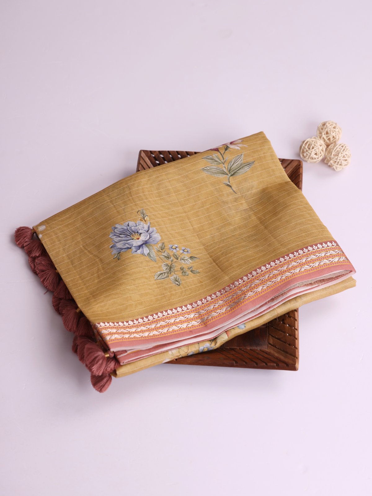 Sandal Printed Chanderi Cotton Saree With Rose Taupe Zari Border