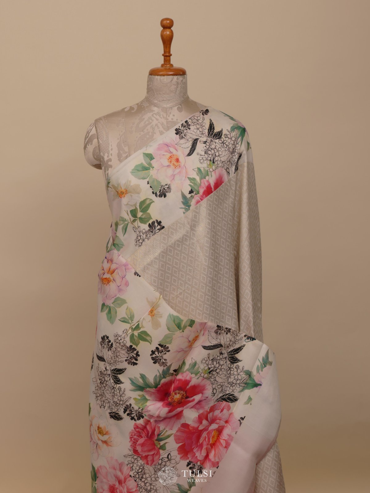 White Printed Kanjeevaram Silk Saree