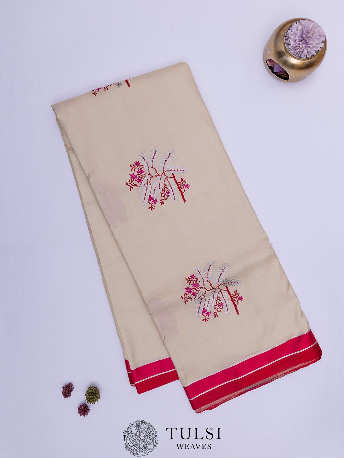 Beige Mashru Silk Saree with Constrast Striped Border